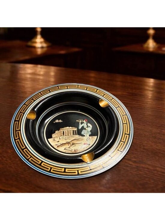 Vassilopoulos Other - Hand-Painted Greek Ashtray With Parthenon Scene & Evzone Soldier Black & Gold 6.